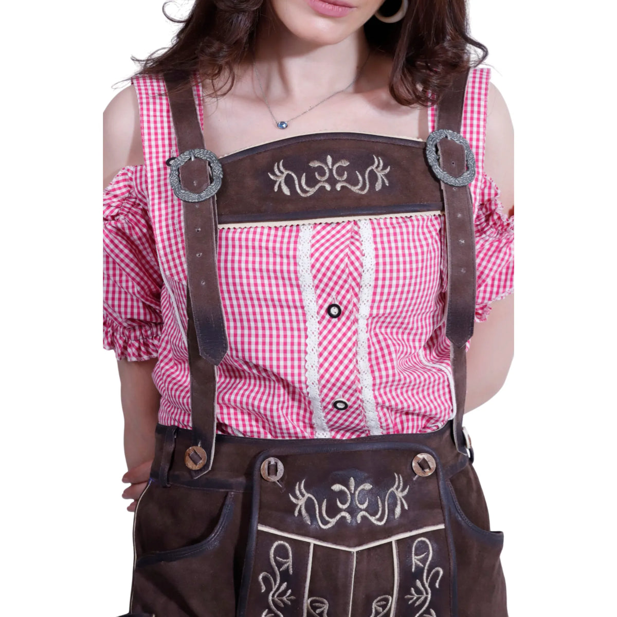 Dark brown women's lederhosen suspenders detail