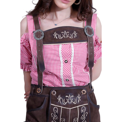 Dark brown women's lederhosen suspenders detail