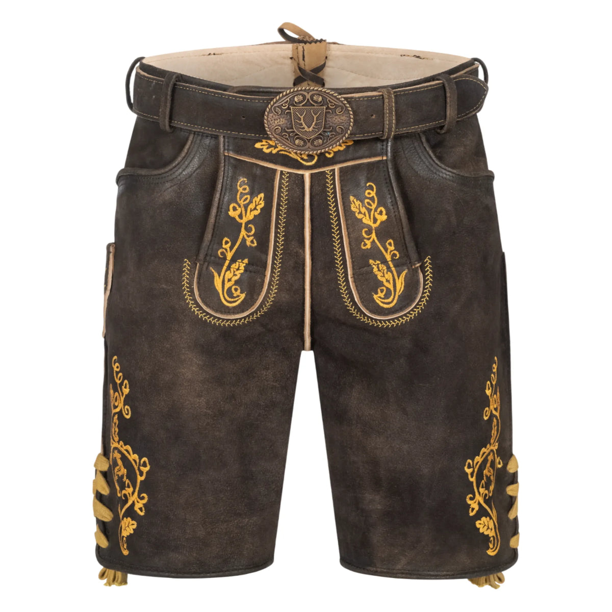 Dark brown short lederhosen, front view