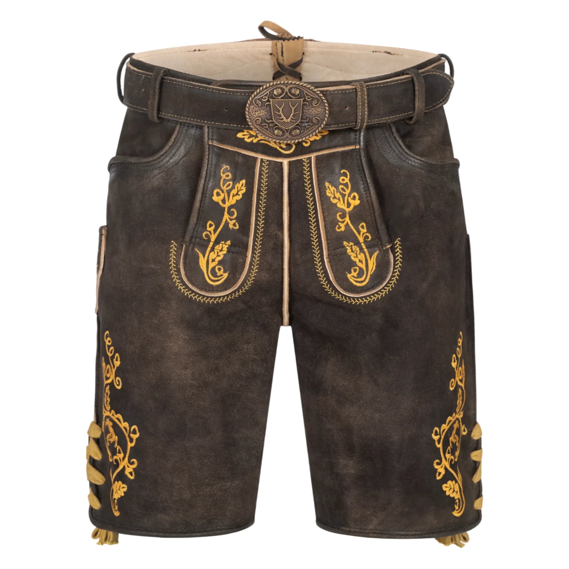 Dark brown short lederhosen, front view