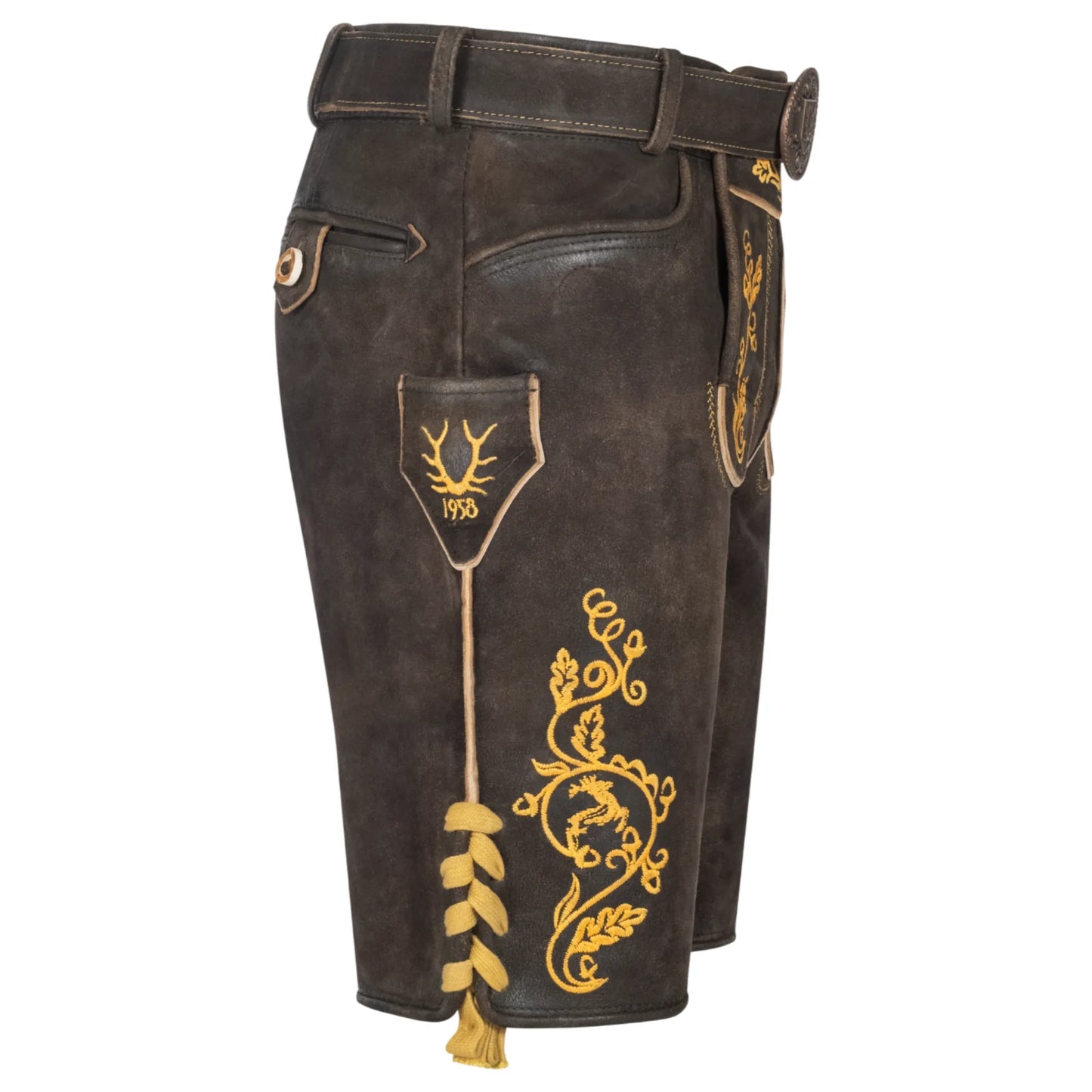 Dark brown short lederhosen, left side view