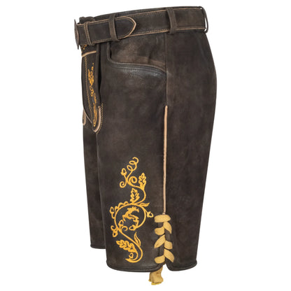 Dark brown short lederhosen, right side view