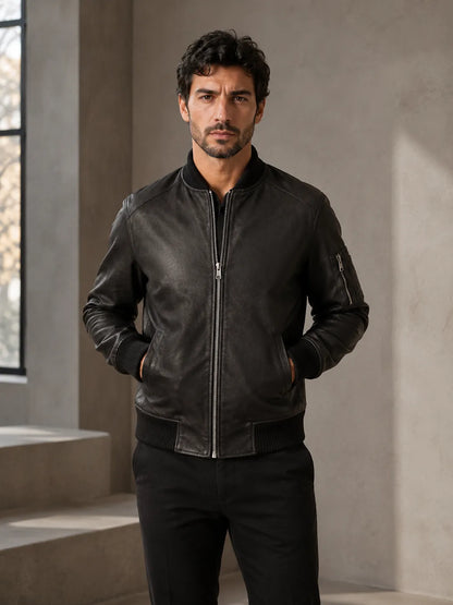 Mens-Distressed-Black-Leather-Bomber-Jacket-By-SKS-Model