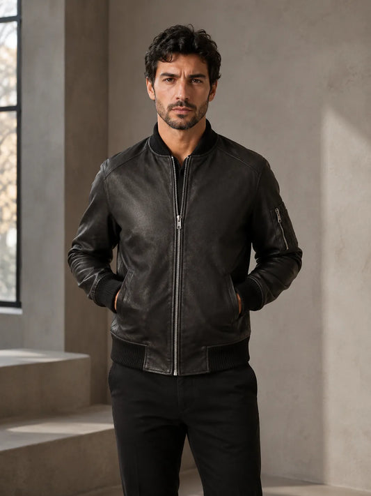Mens-Distressed-Black-Leather-Bomber-Jacket-By-SKS-Model