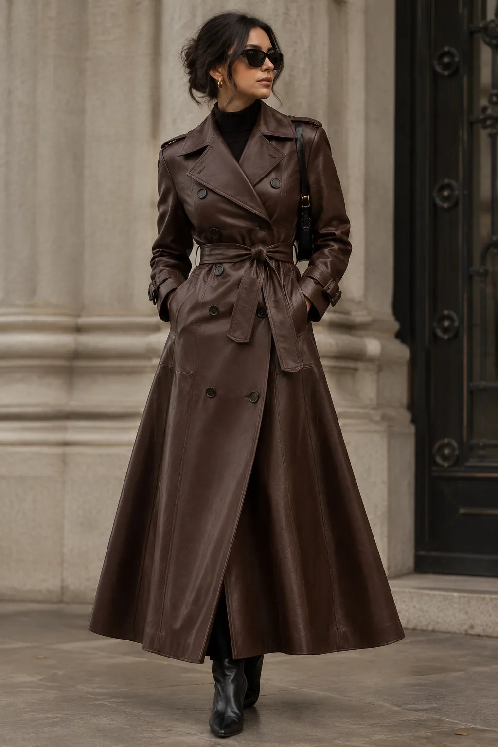 Women's chocolate brown double-breasted leather trench coat, front view