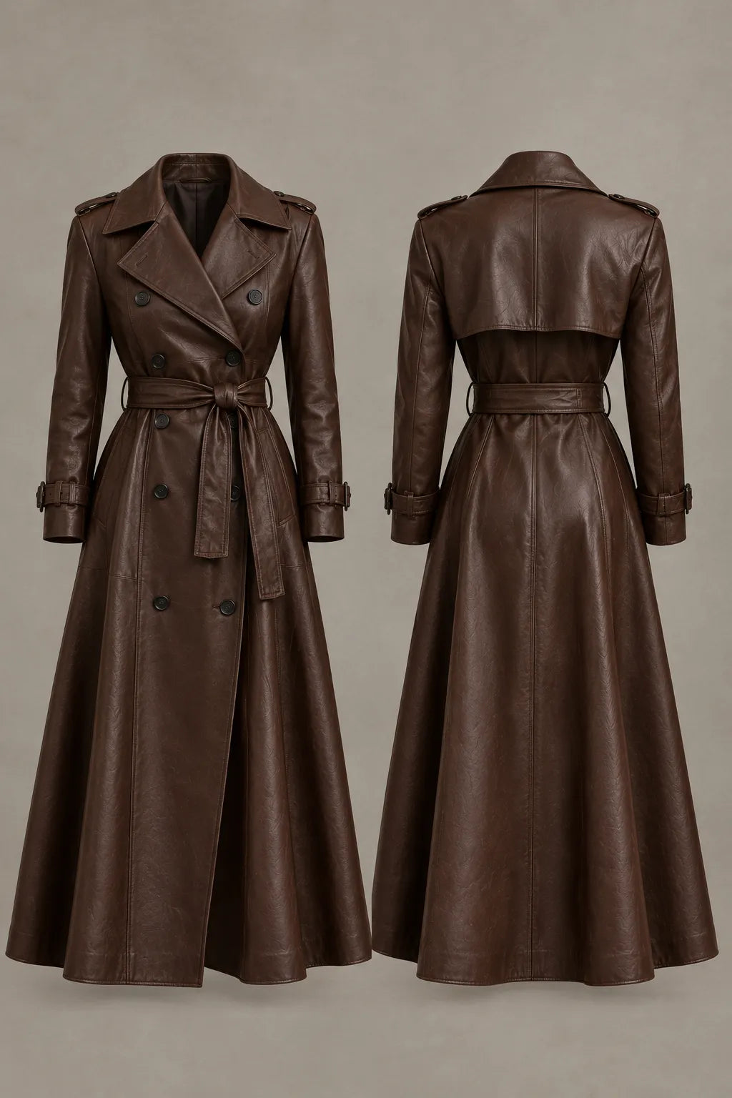 Women's chocolate brown leather trench coat, full-length structured flared silhouette