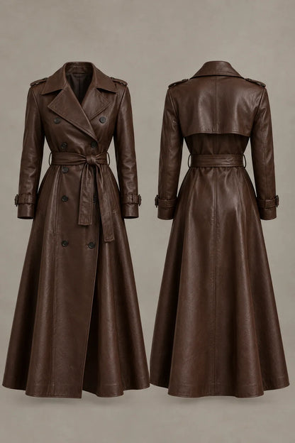 Women's chocolate brown leather trench coat, full-length structured flared silhouette