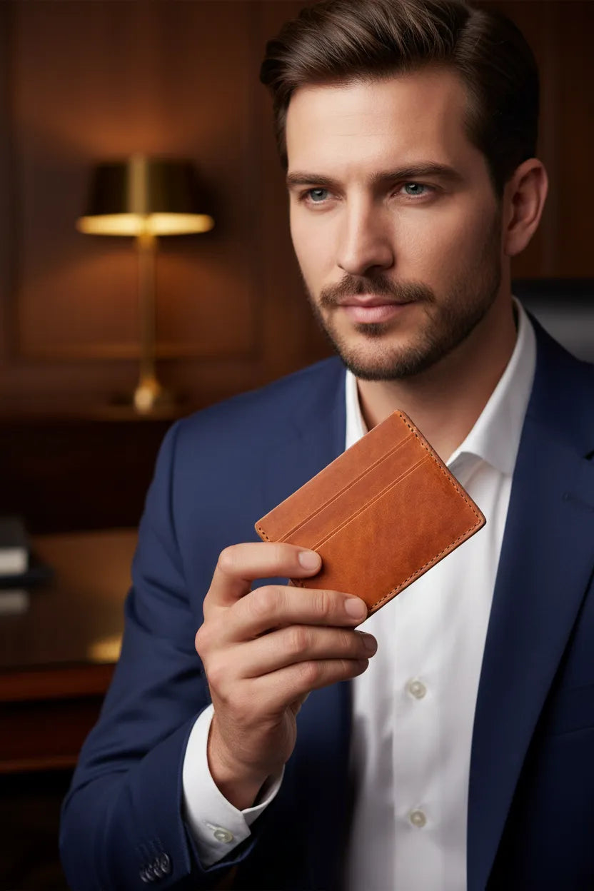 Brown full grain leather card holder, front