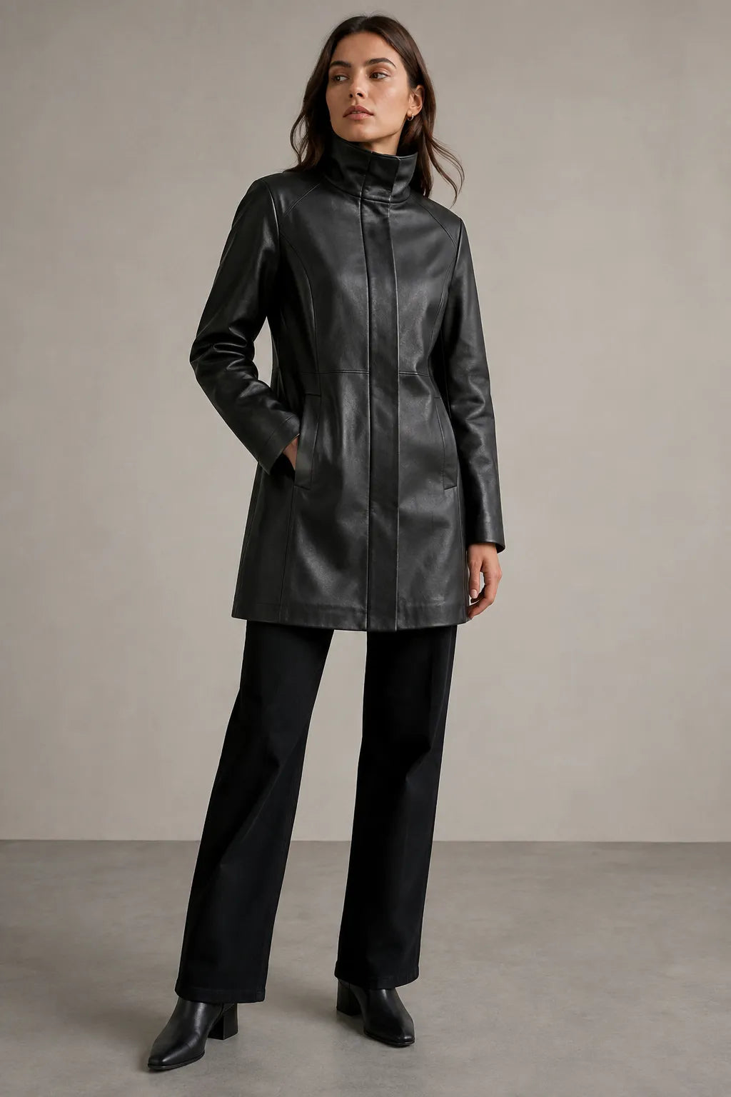 Women's black funnel-neck leather coat, mid-length with stand collar, front view