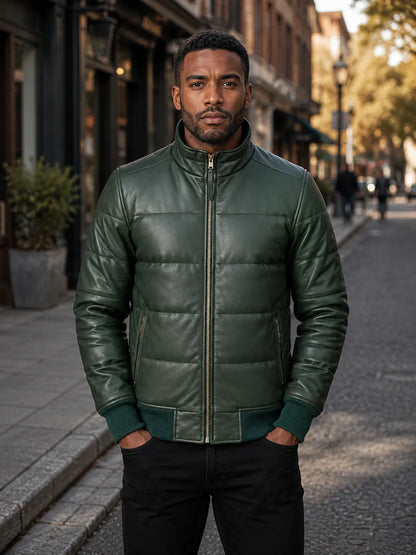 Green-Leather-Puffer-Bomber-Jacket-Front-By-SKS-Model