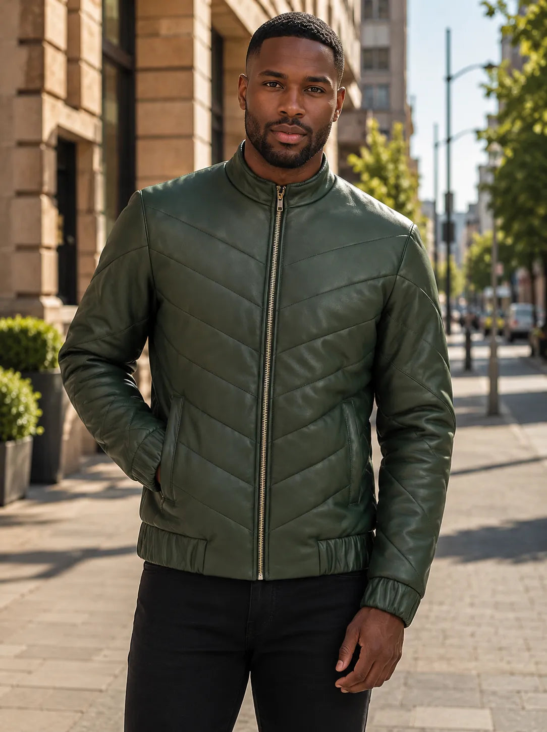 Green-Leather-Puffer-Jacket-Front-By-SKS-Model