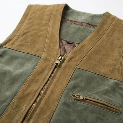 Tan leather hunting vest worn by model