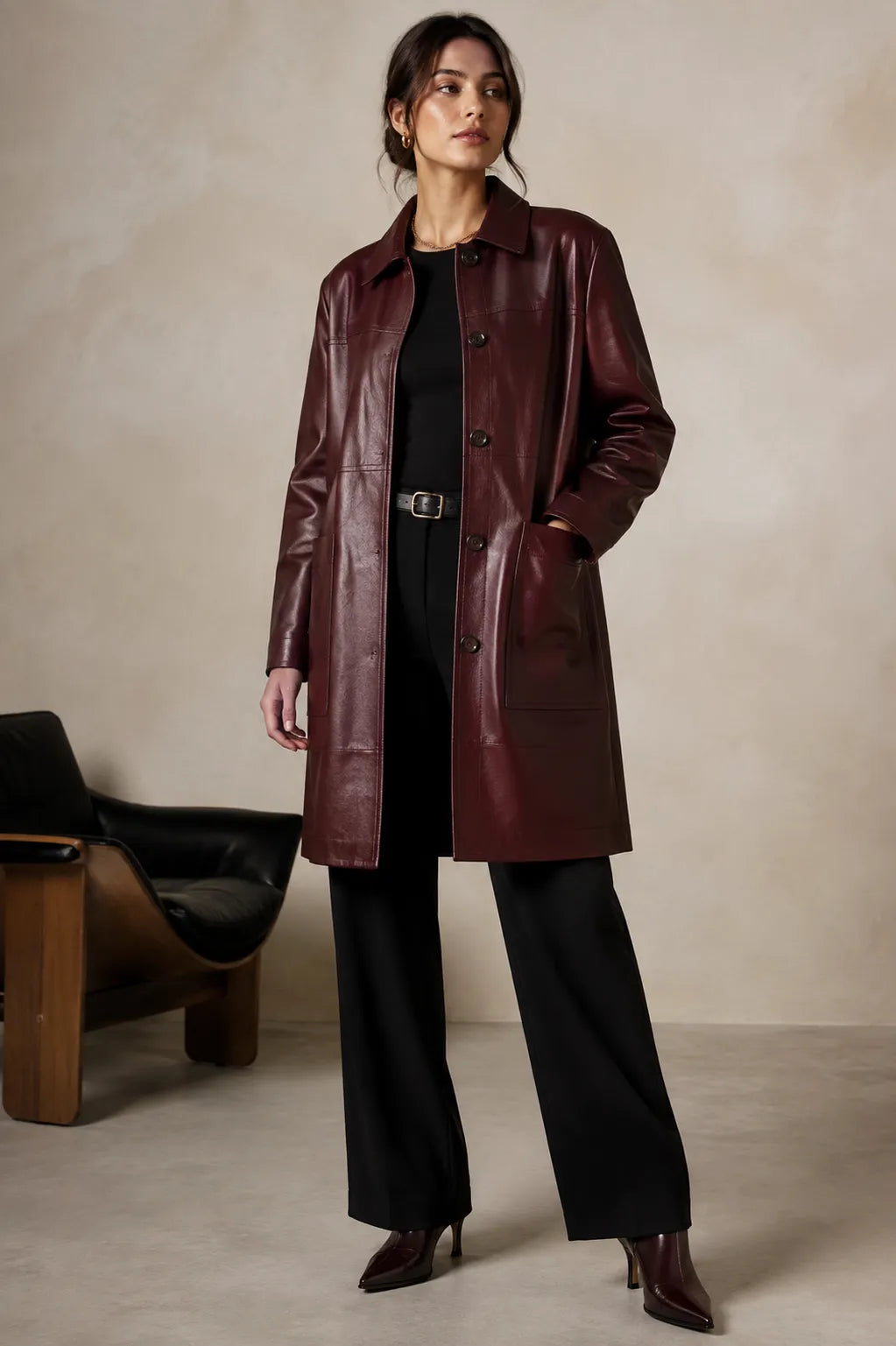 Women's oxblood leather car coat, front view