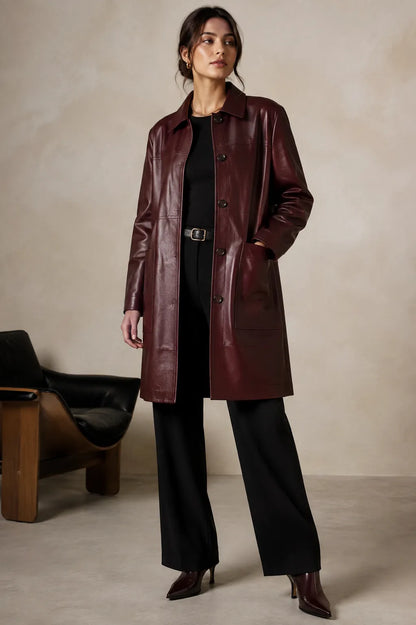 Women's oxblood leather car coat, front view