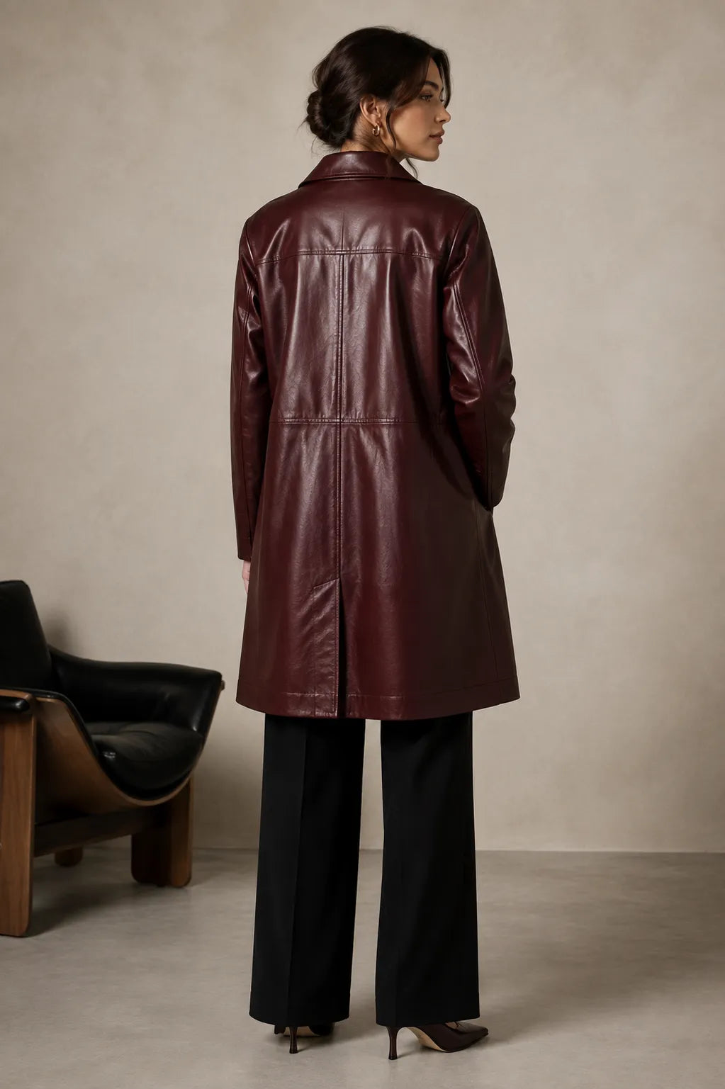 Women's oxblood leather car coat, relaxed three-quarter length