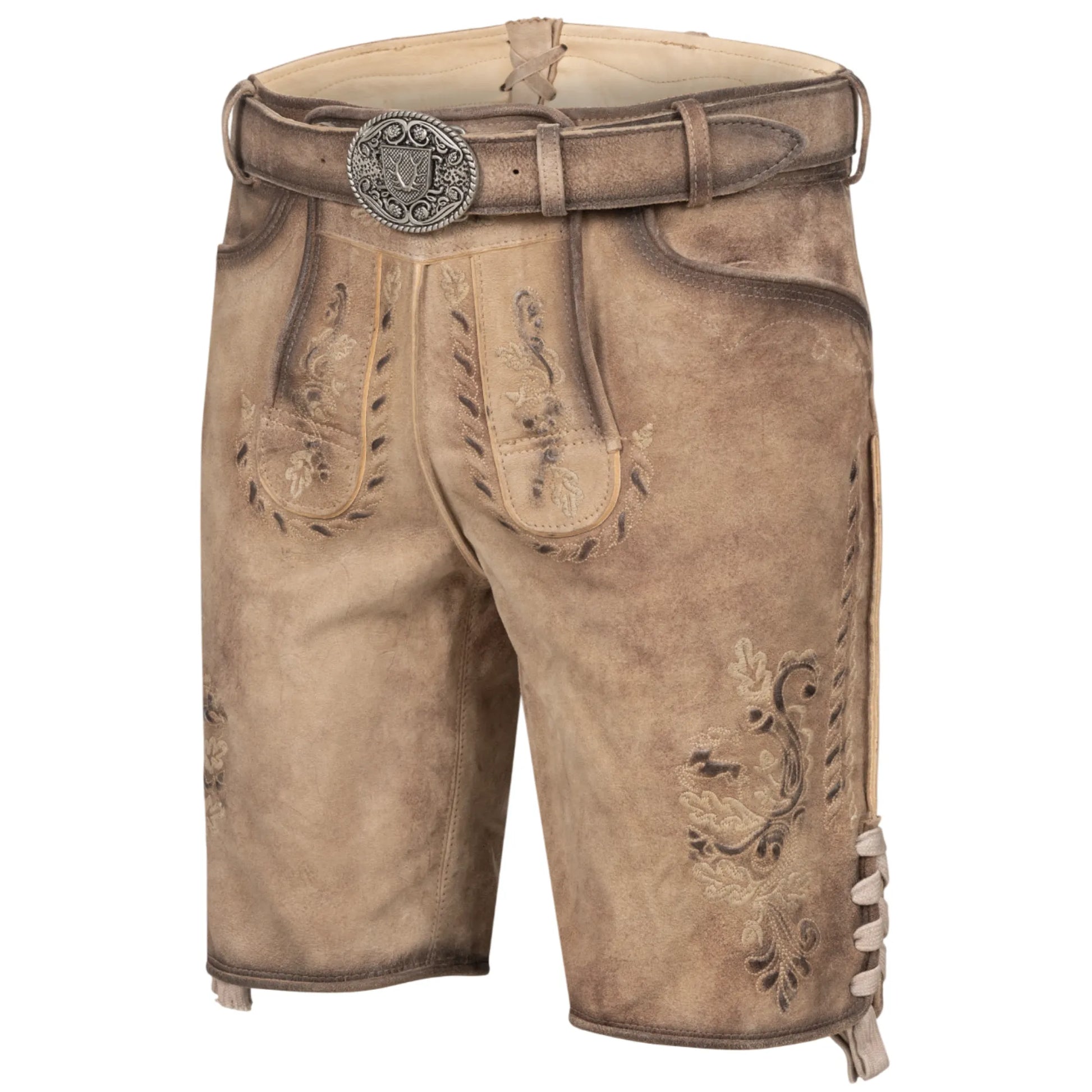 Light brown men's lederhosen, left side view