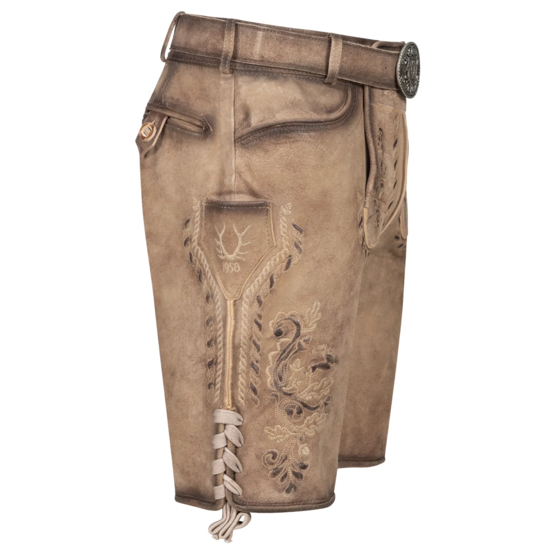 Light brown men's lederhosen knife pocket detail