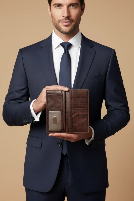 Men's brown long bifold leather wallet, open interior