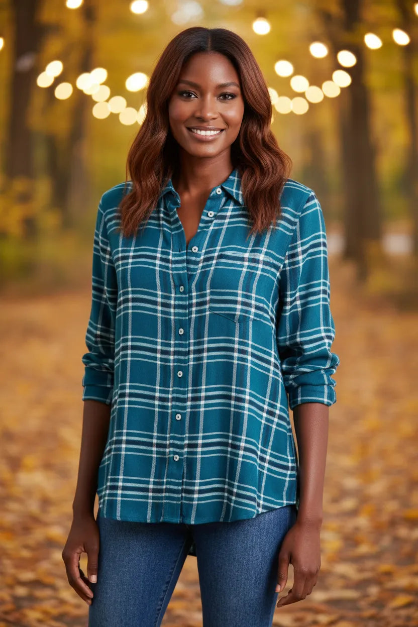Women's blue long sleeve flannel shirt, front
