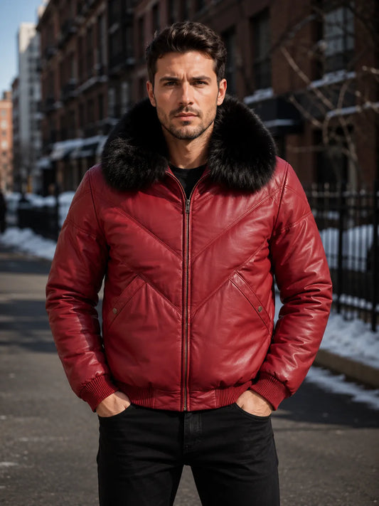 Maroon-Leather-V-Bomber-Jacket-By-SKS-Model