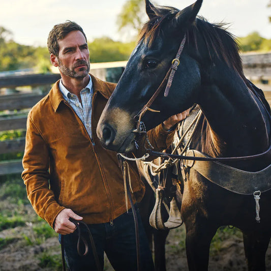 Men's goat suede hunting jacket worn by model
