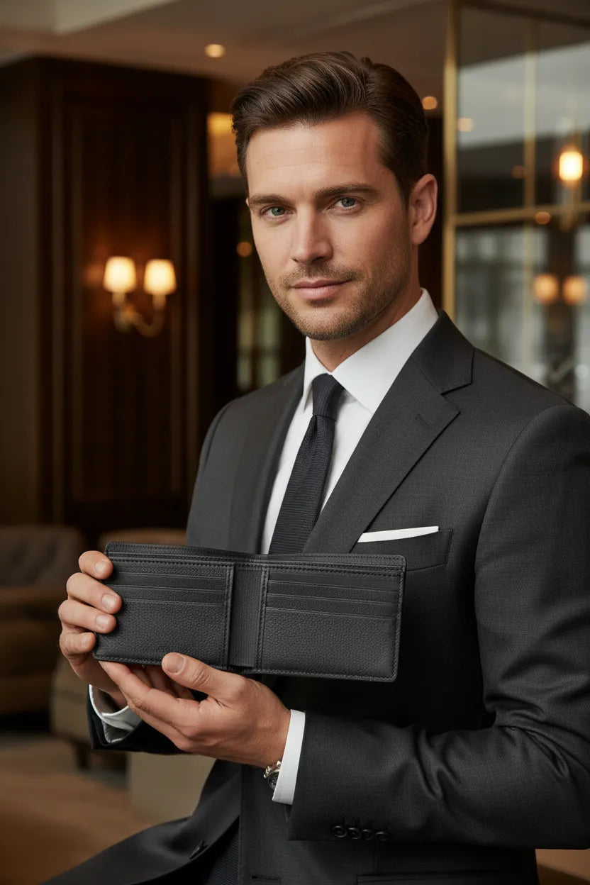 Men's black leather bifold wallet, front angle