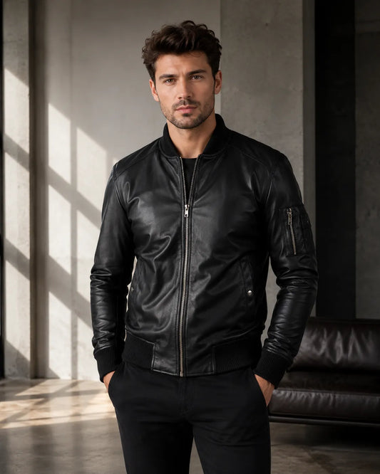 Mens-Black-Leather-Bomber-Jacket-Front-By-SKS-Model