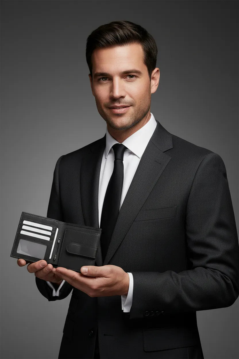 Men's black leather money clip card holder, front angle