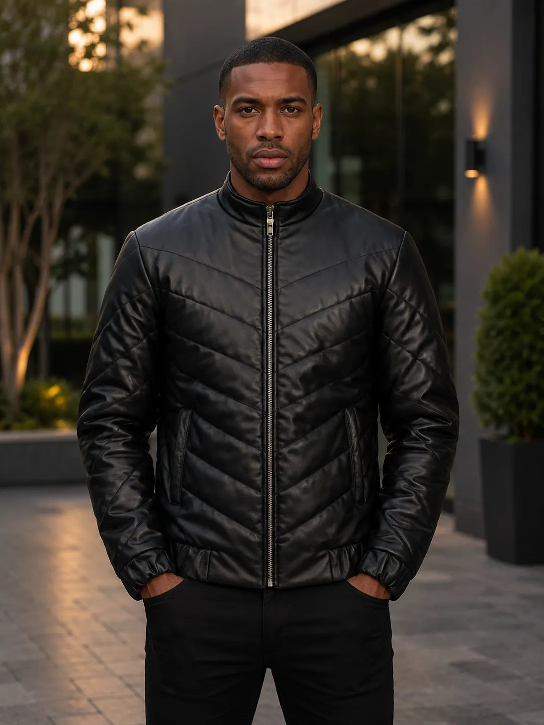 A man wearing a black quilted leather jacket with a stand-up collar and front zipper