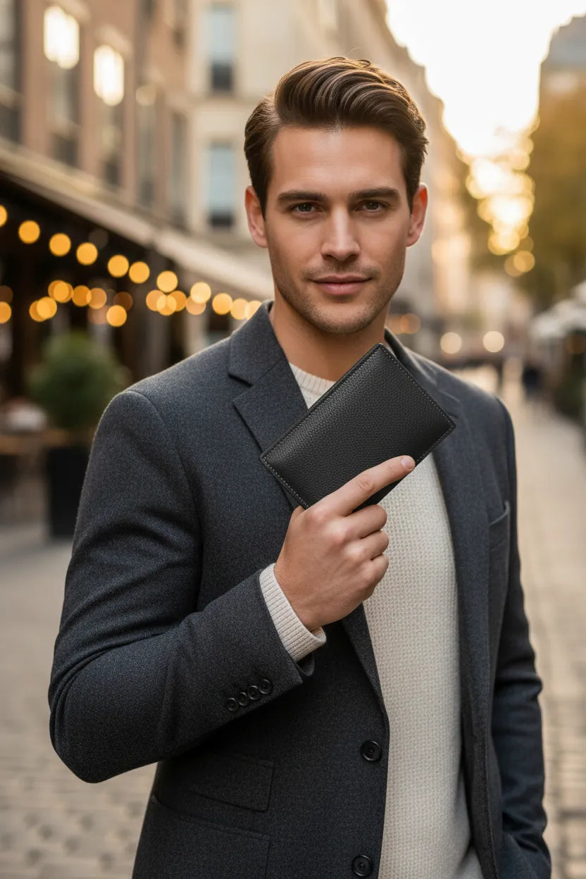 Men's black leather wallet, front angle