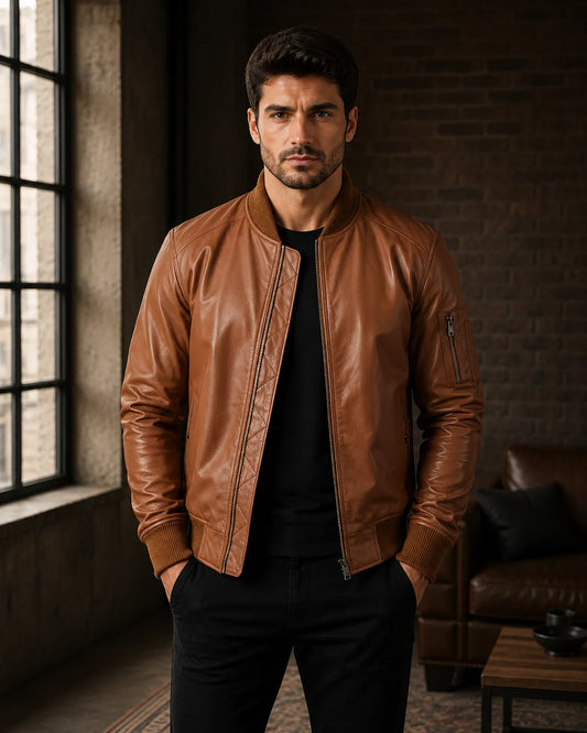 Mens-Brown-Leather-Bomber-Jacket-By-SKS-Model