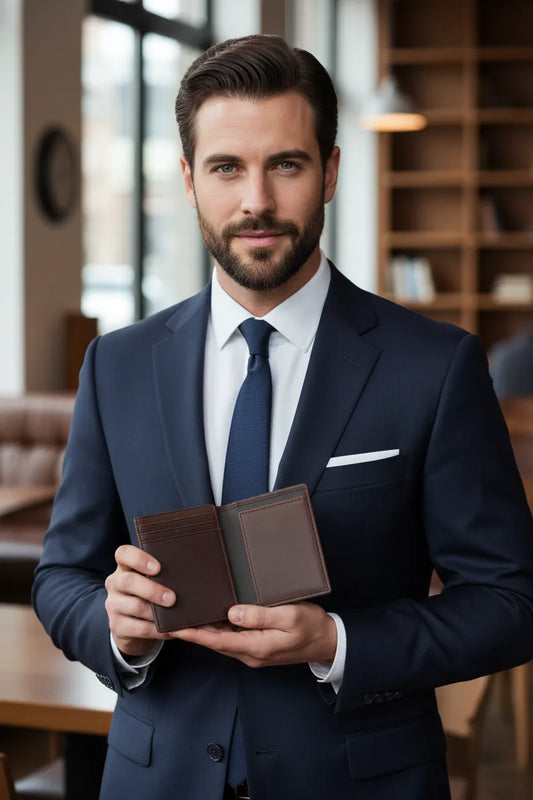 Men's brown leather money clip card holder, front angle