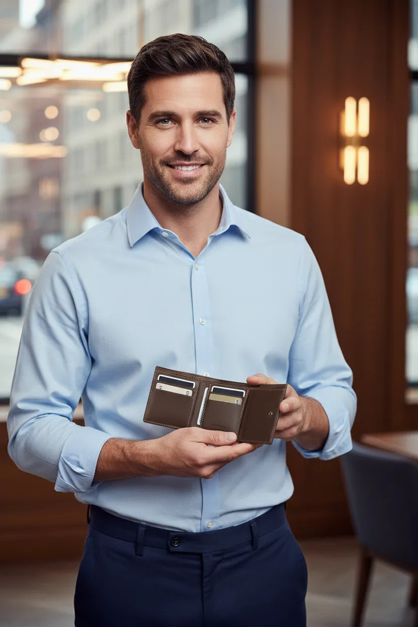 Men's brown leather trifold wallet, front angle