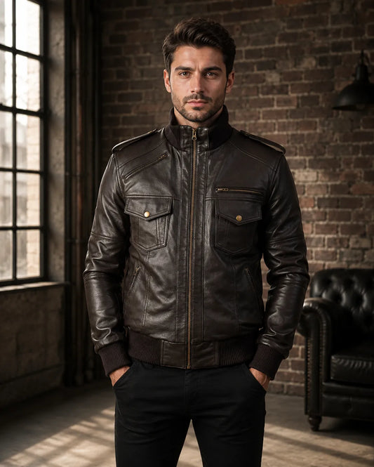 Mens-Brown-Sheepskin-Leather-Bomber-Jacket-Front-By-SKS-Model