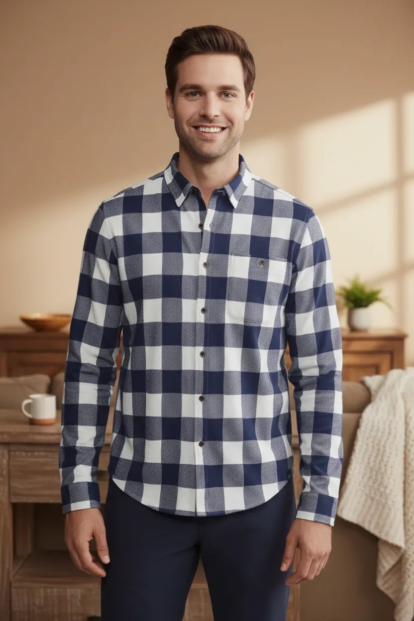 Men's grey buffalo check flannel shirt, front
