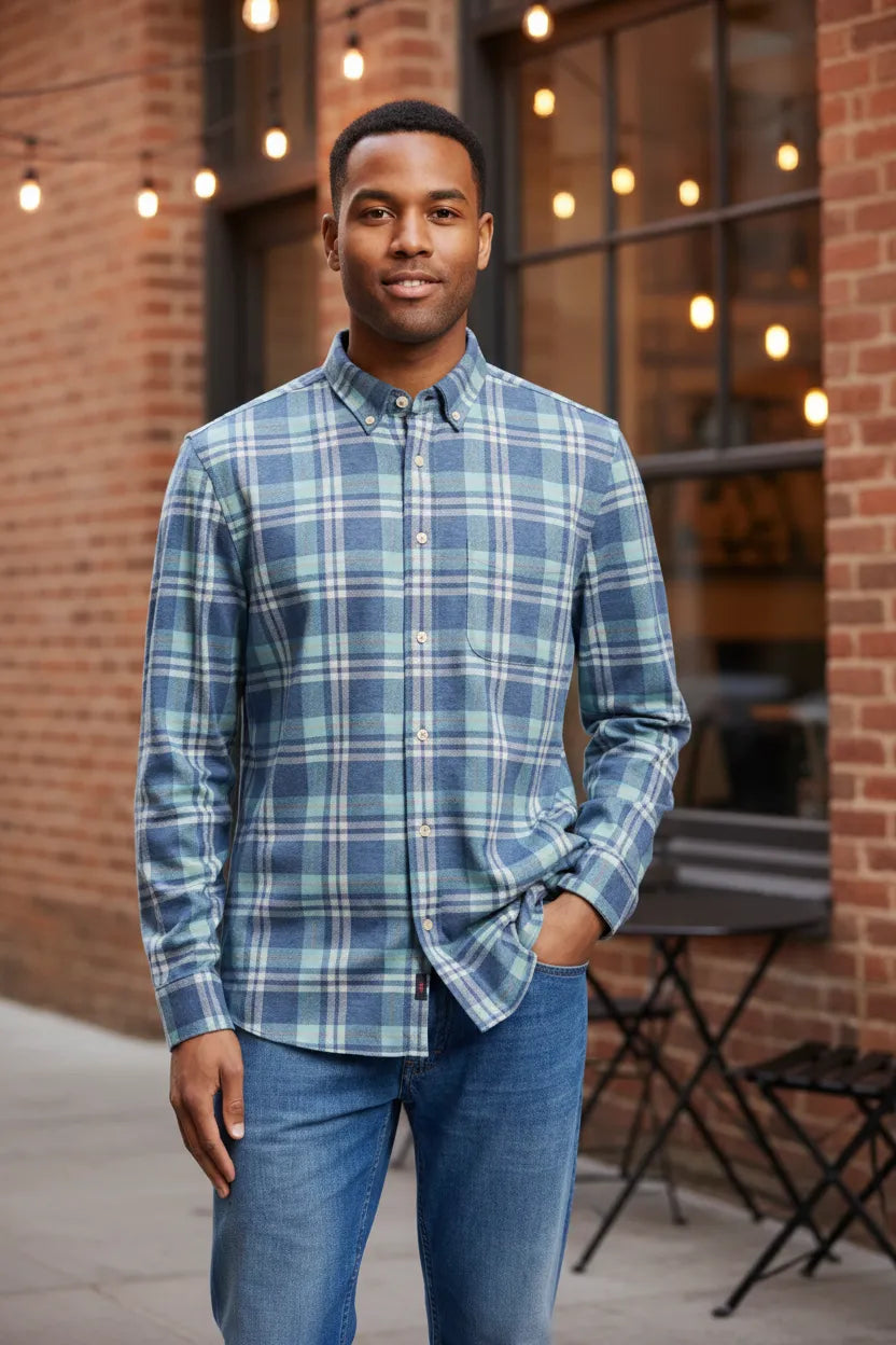 Men's knit button down flannel shirt, front view