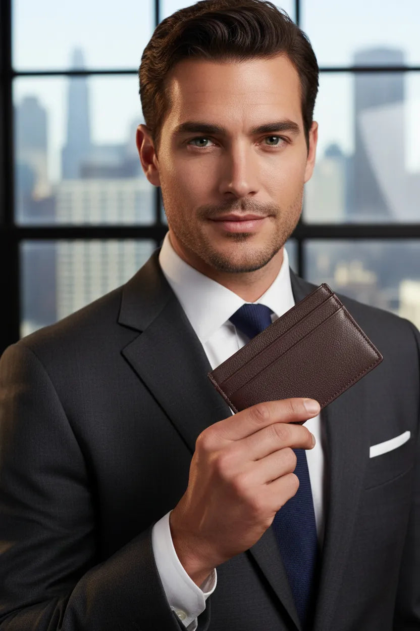 Men's dark brown slim leather card holder, front