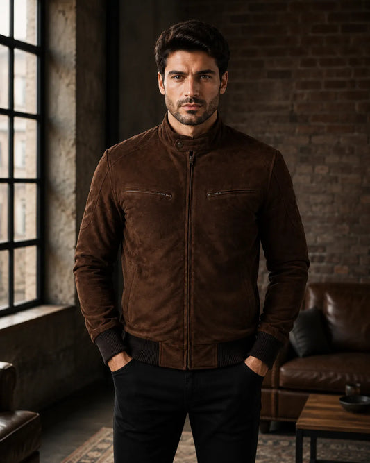 Mens-Dark-Brown-Suede-Bomber-Jacket-Model-By-SKS-Model