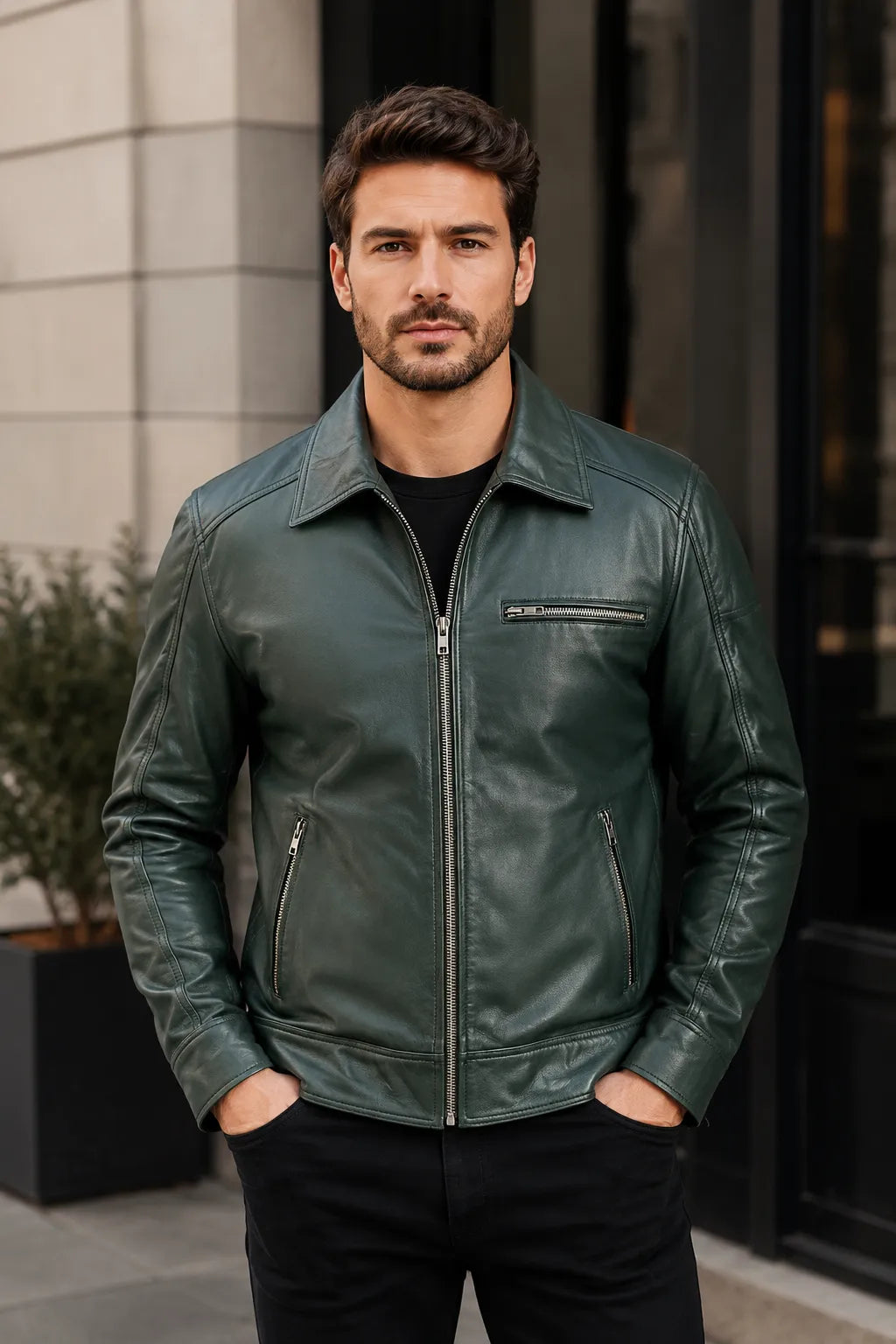 Mens-Green-Leather-Biker-Jacket-Front-By-SKS-Model