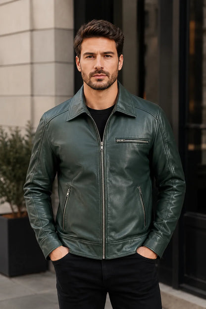 Mens-Green-Leather-Biker-Jacket-Front-By-SKS-Model