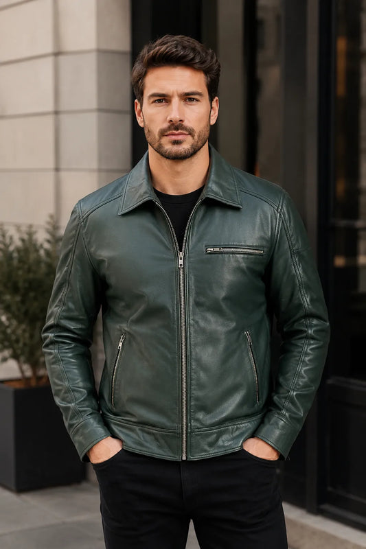 Mens-Green-Leather-Biker-Jacket-Front-By-SKS-Model