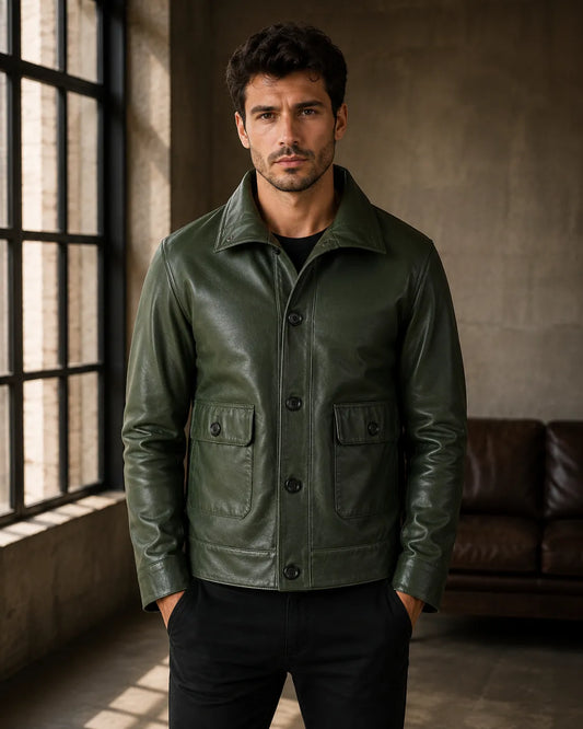 Mens-Green-Leather-Bomber-Jacket-Front-By-SKS-Model
