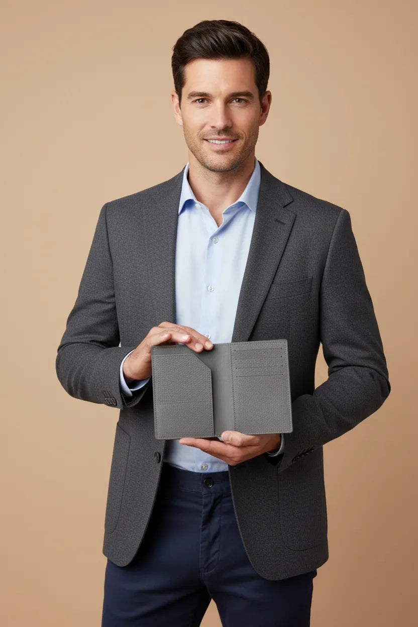 Men's grey leather wallet, front angle