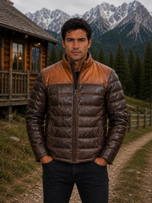 Mens-Leather-Puffer-Jacket-Front-By-SKS-Model