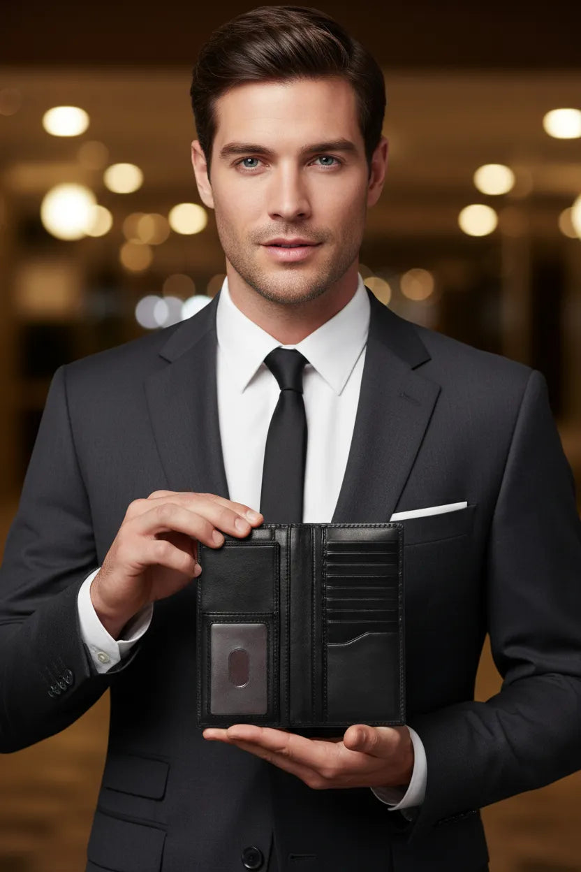 Open black bifold wallet with card slots and an ID window clip