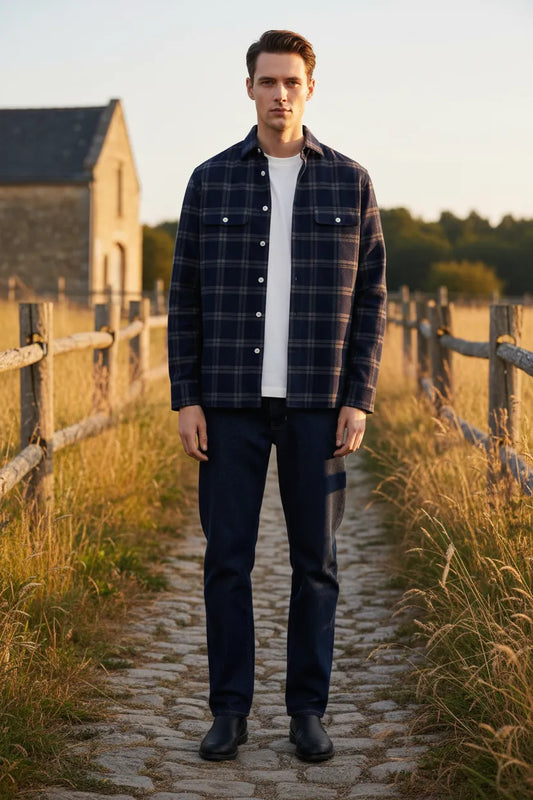 Men's navy blue plaid flannel shirt, front