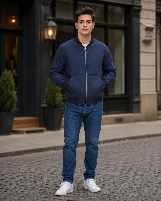 Man wearing a navy bomber jacket and blue jeans standing on a street.
