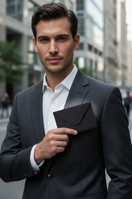 Black minimalist leather card holder, front