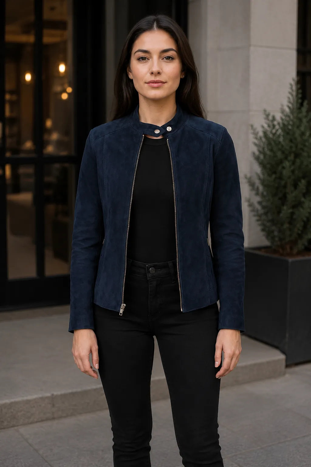 Navy-Blue-Suede-Biker-Jacket-Open-By-SKS-Model