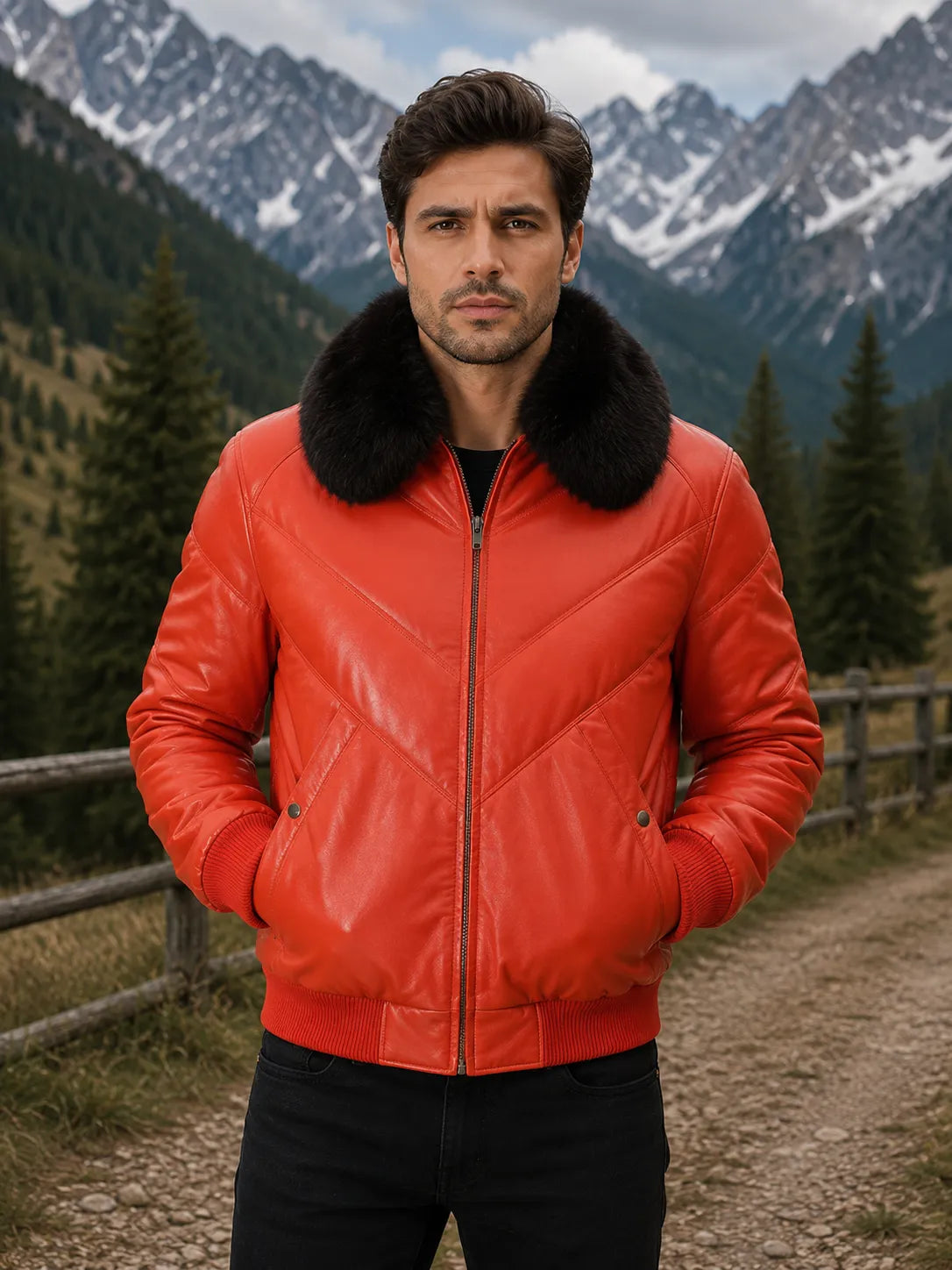 Orange-Leather-V-Bomber-Jacket-By-SKS-Model